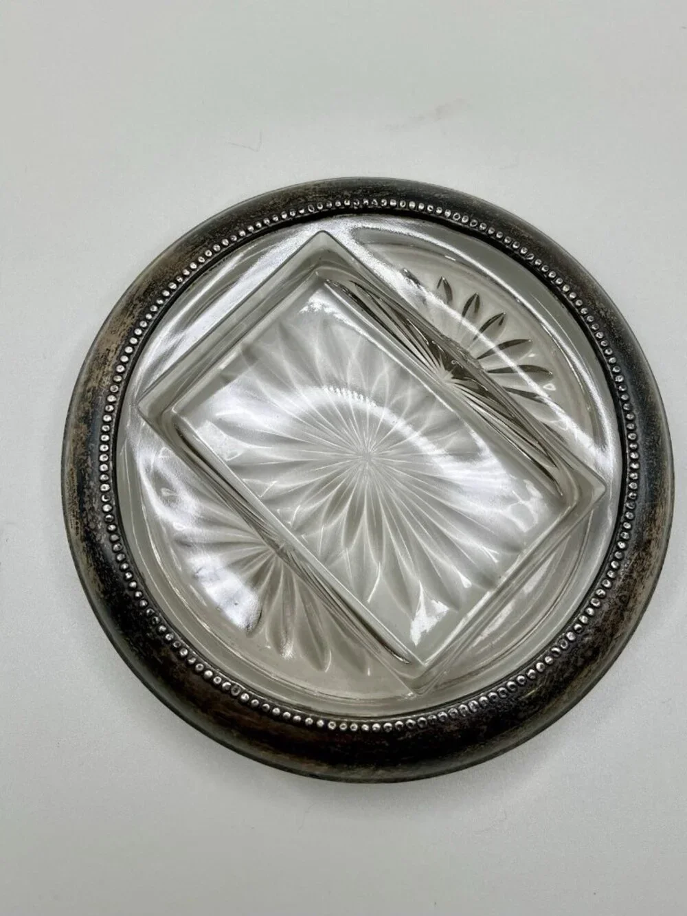 VTG Pressed Glass Ashtray Silver Plate Beaded Rim Starburst Mid Century Atomic